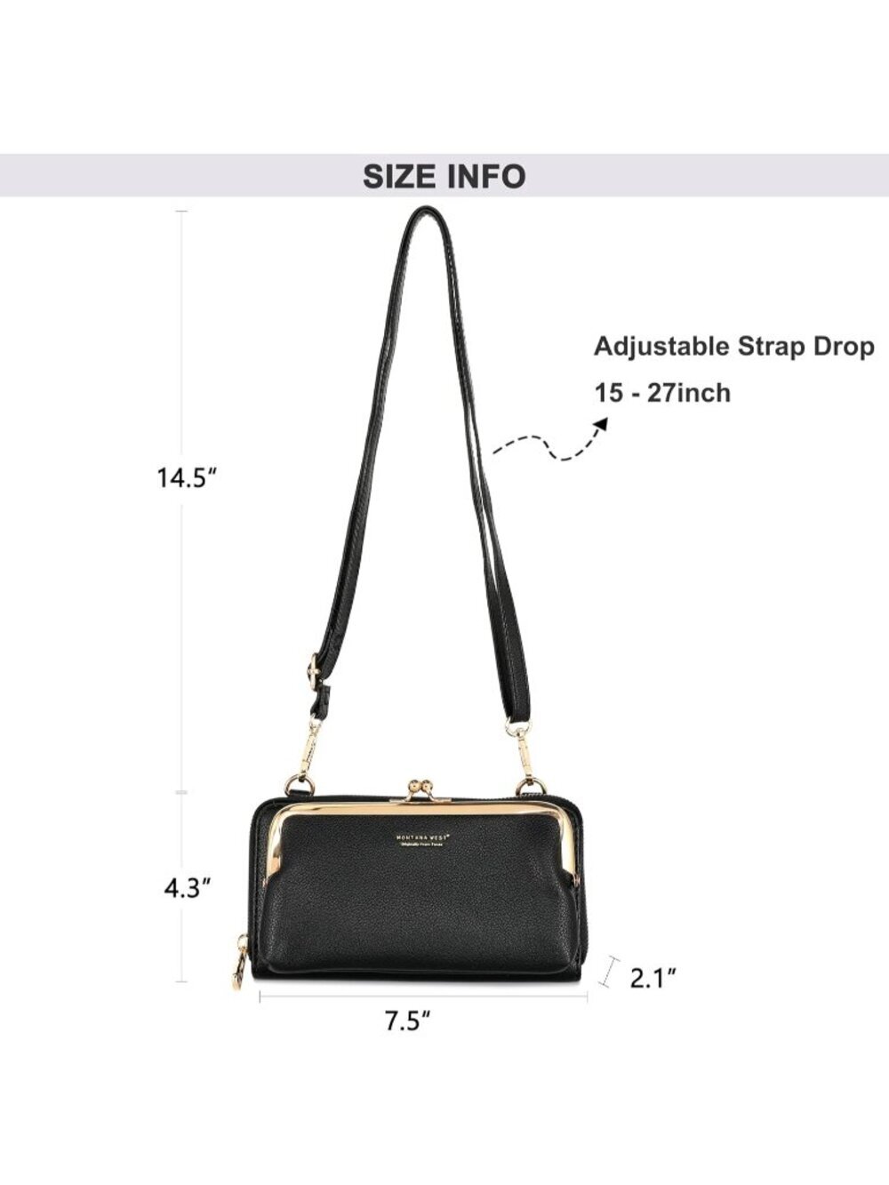 Montana West Women's Wallet Black Faux Leather Adjustable Strap Crossbody Bag - Picture 6 of 6